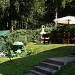 garden with a fireplace, pool and enjoyment for children